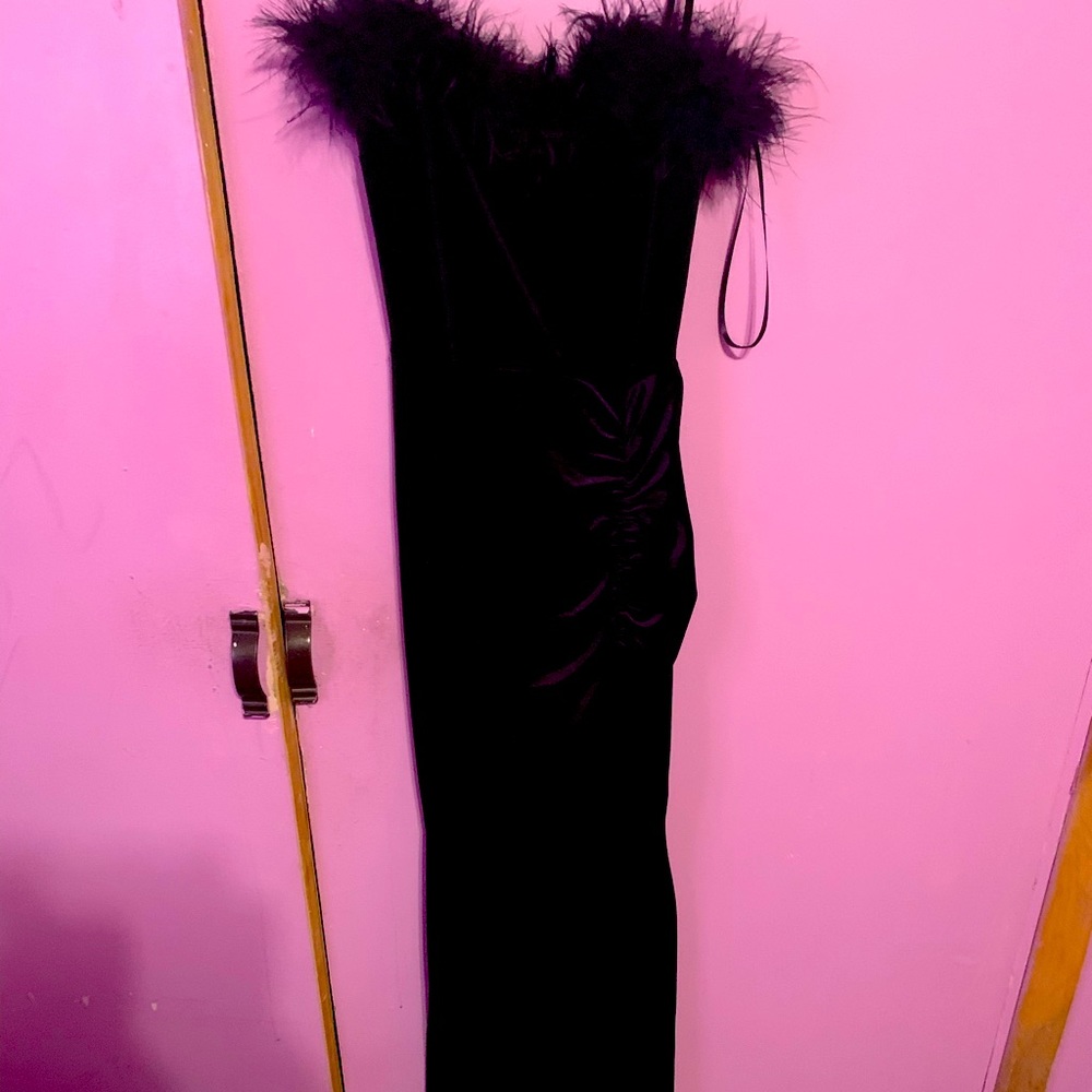 velvet feather trim dress